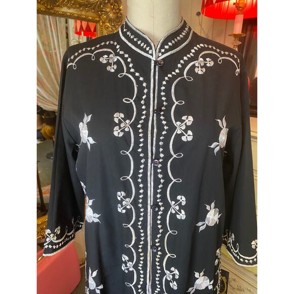 vintage 1960s black cotton embroidered kaftan 60s loungewear maxi dress med - Picture 2 of 10